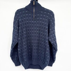 Baby Alpaca Mens Navy Blue Geometric 1/4 Zip Mock Neck Sweater Made In Peru